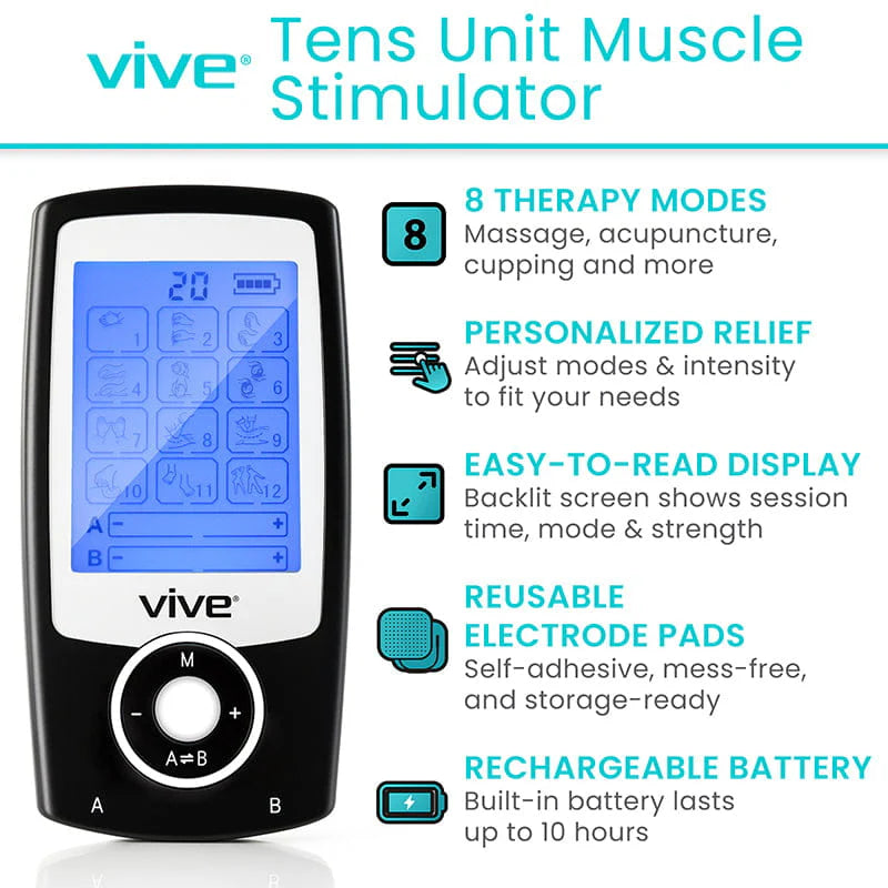 Vive 8 Mode TENS Unit with LCD Display – Rechargeable