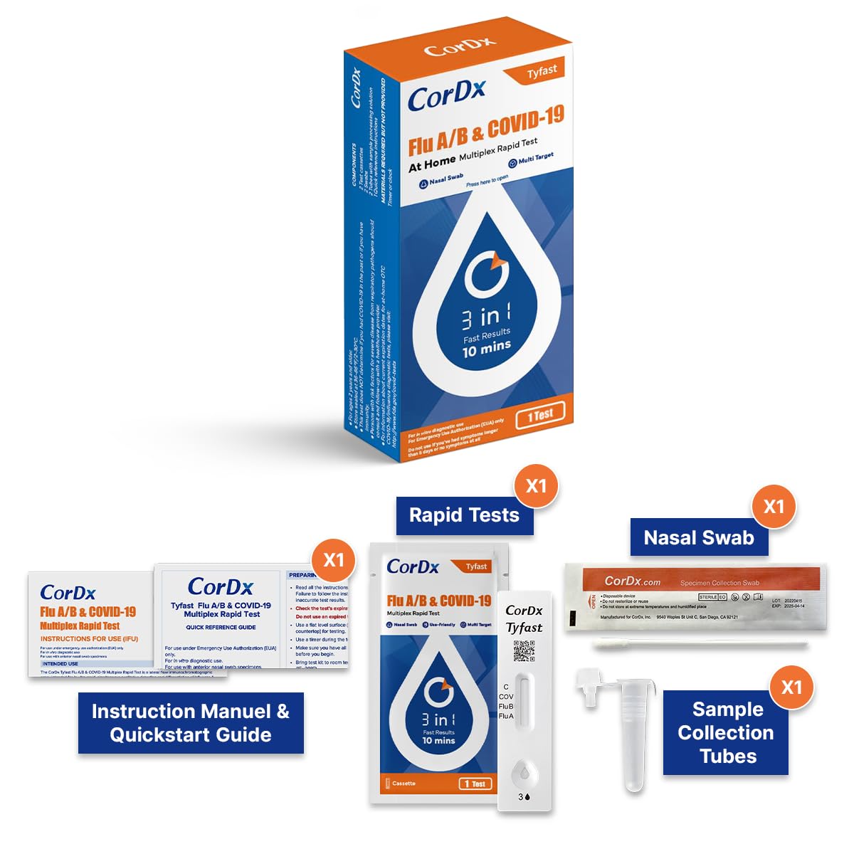 CorDx TyFast 3-in-1 Flu A/B & COVID-19 Home Test