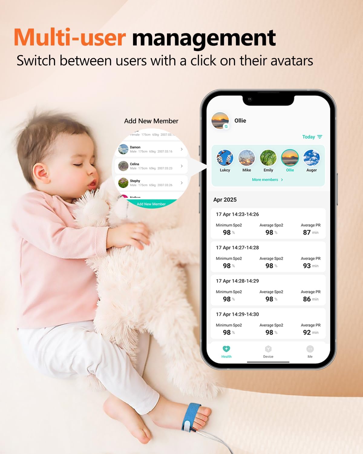 HealthTree Infant Handheld Pulse Oximeter - Rechargeable, Continuous Tracking