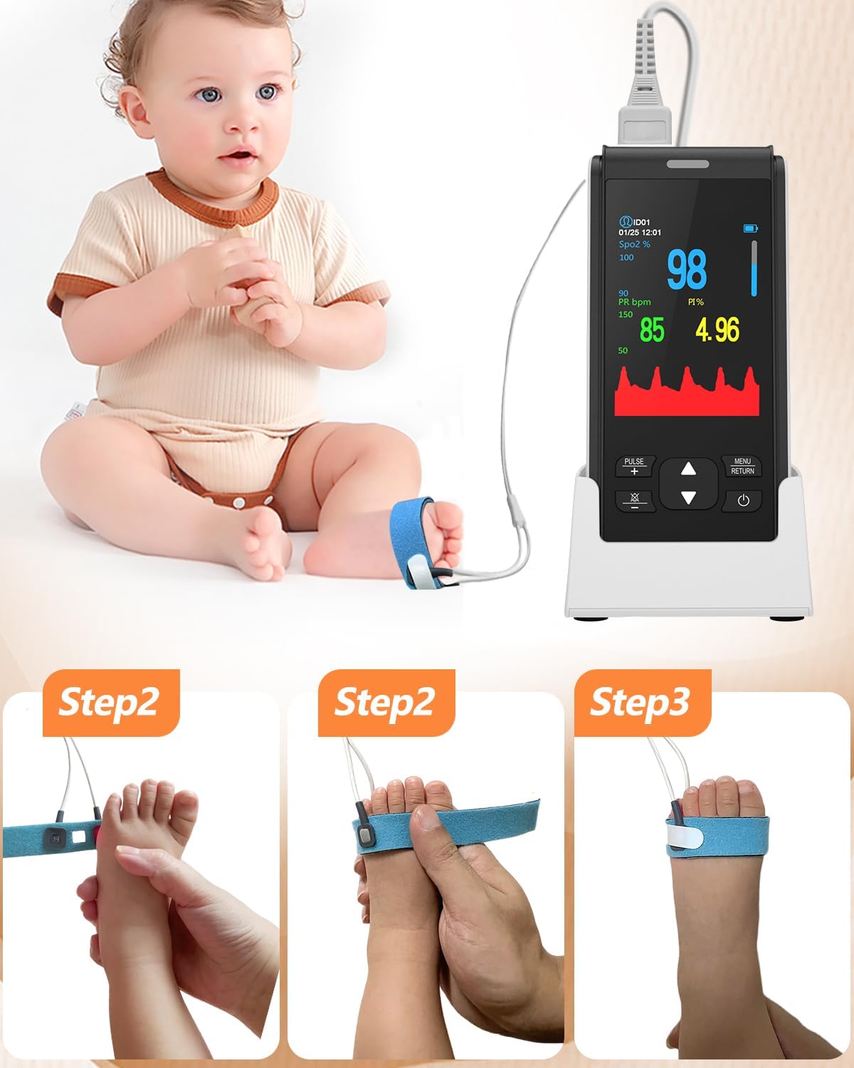 HealthTree Infant Handheld Pulse Oximeter - Rechargeable, Continuous Tracking