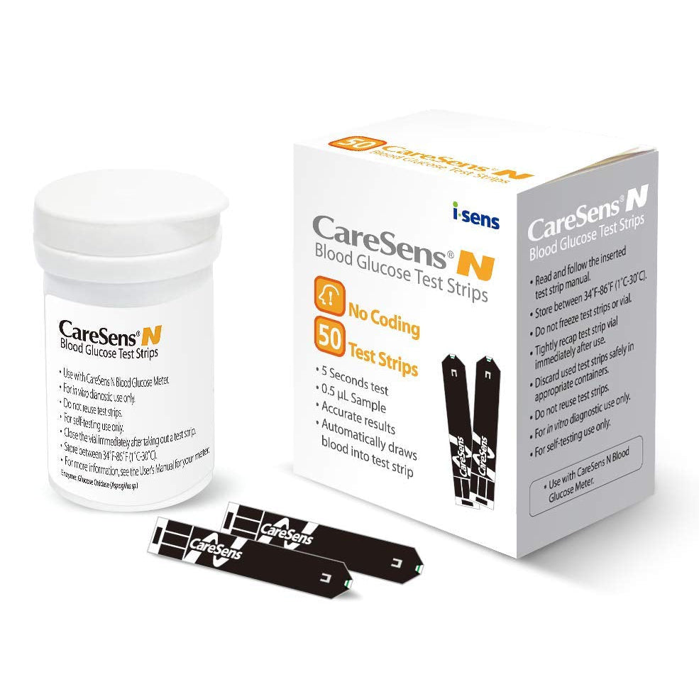 Box of CareSens N Blood Glucose Testing Strips with a container and test strip visible