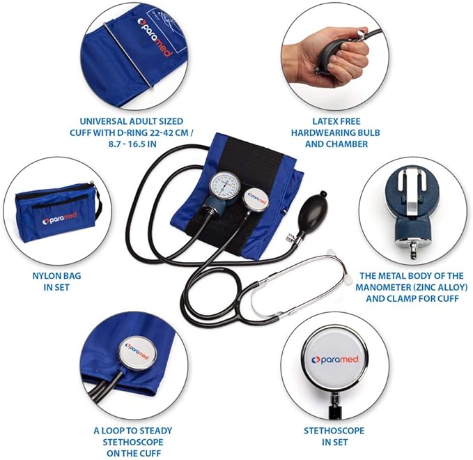 Paramed Aneroid Sphygmomanometer with Stethoscope – Manual Blood Pressure Cuff with Universal Cuff