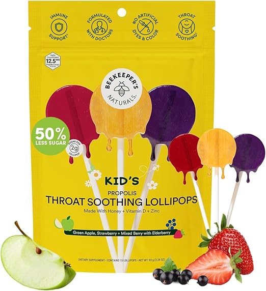 Beekeeper's Naturals Kids Throat Soothing Lollipops – 15ct