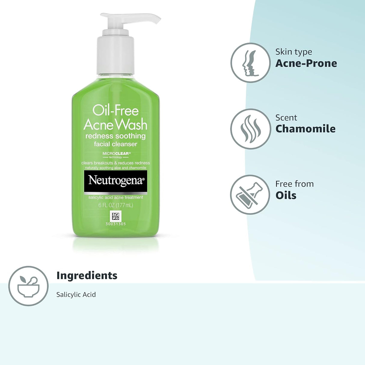 Neutrogena Oil-Free Acne & Redness Soothing Facial Cleanser with Salicylic Acid, 6 fl oz