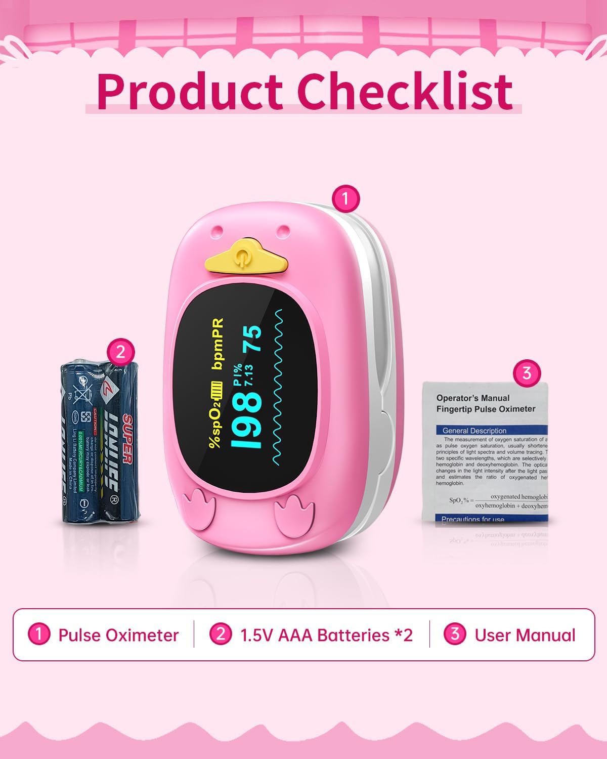 HealthTree Children's Fingertip Pulse Oximeter (Pink)