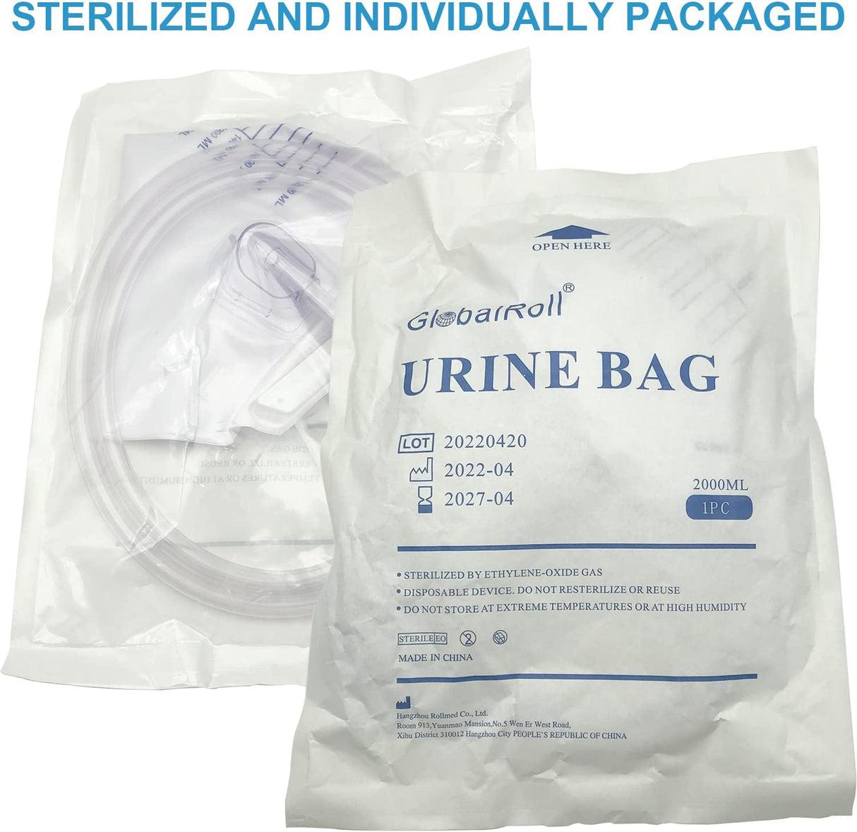 GlobalRoll Urinary Drainage Bag with Anti-Reflux Chamber (2000 mL, 48" Tube)