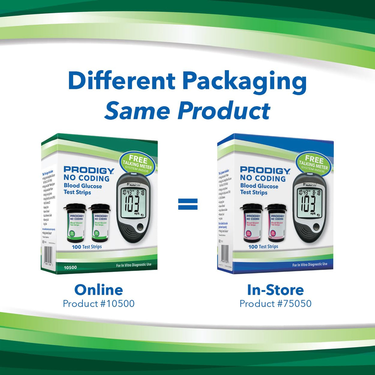 PRODIGY 10500 Talking Glucose Meter Kit with 100 No-Coding Test Strips (Green Packaging)