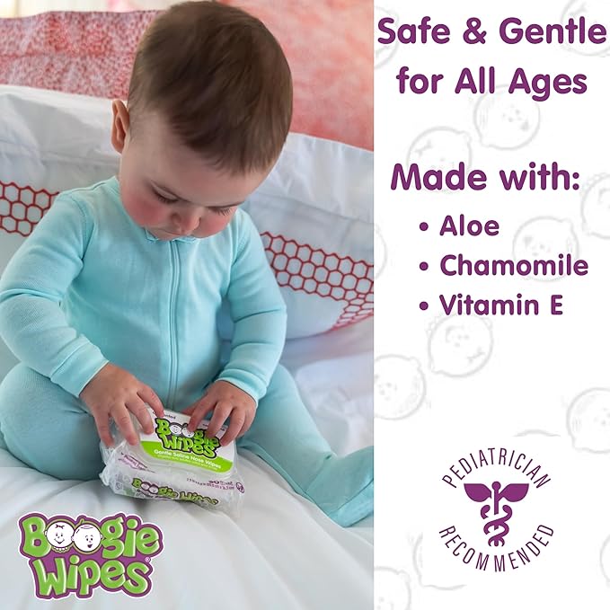 Boogie Saline Nose Wipes for Baby & Kids – Unscented, Aloe-Infused