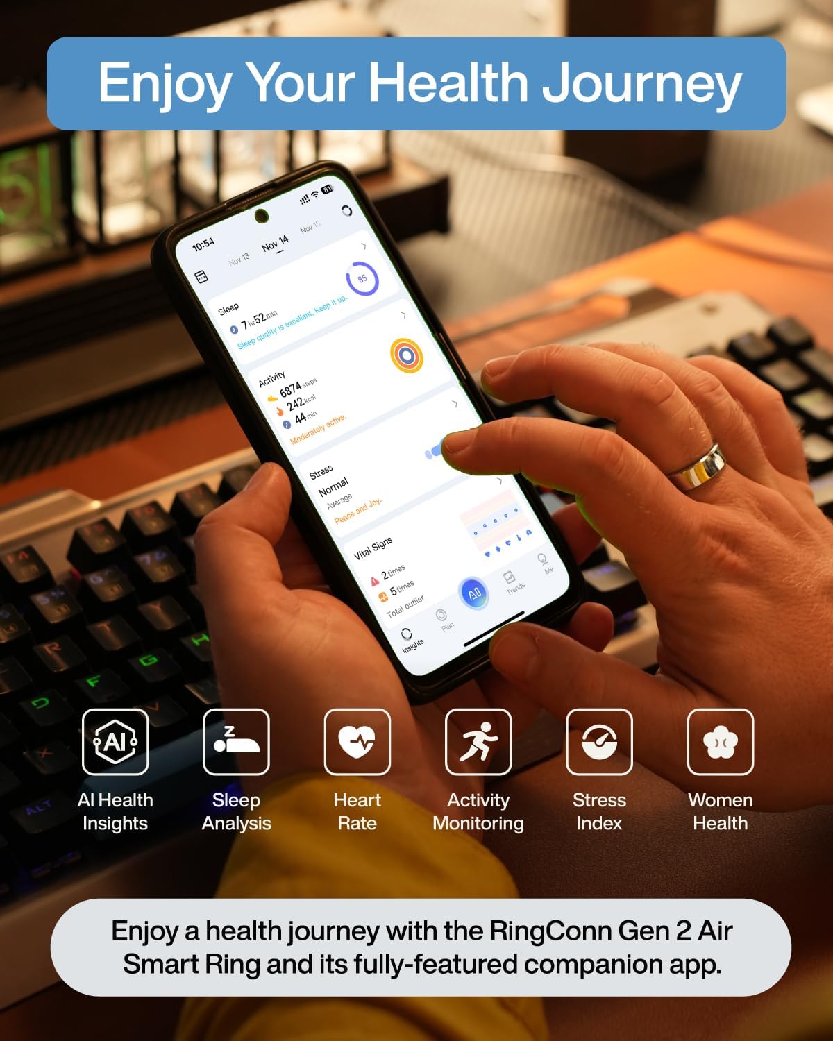 RingConn Gen 2 Air Smart Ring – Ultra-Thin AI Health Tracker (Sizes 6–14)