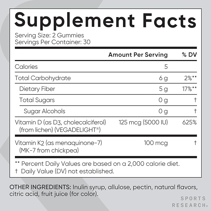 Sports Research Vegan Vitamin D3 + K2 Gummies – 5000 IU D3, MK-7 K2