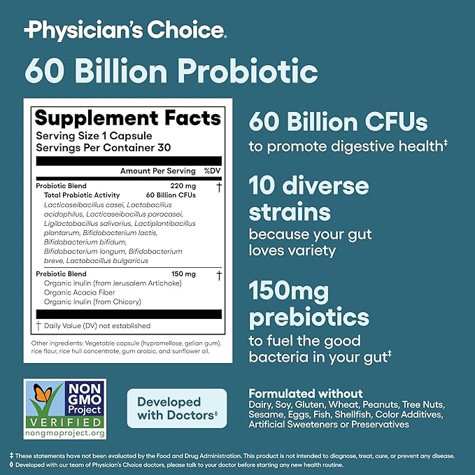 Physician’s Choice Probiotics – 60 Billion CFU, 10 Strains + Organic Prebiotics*