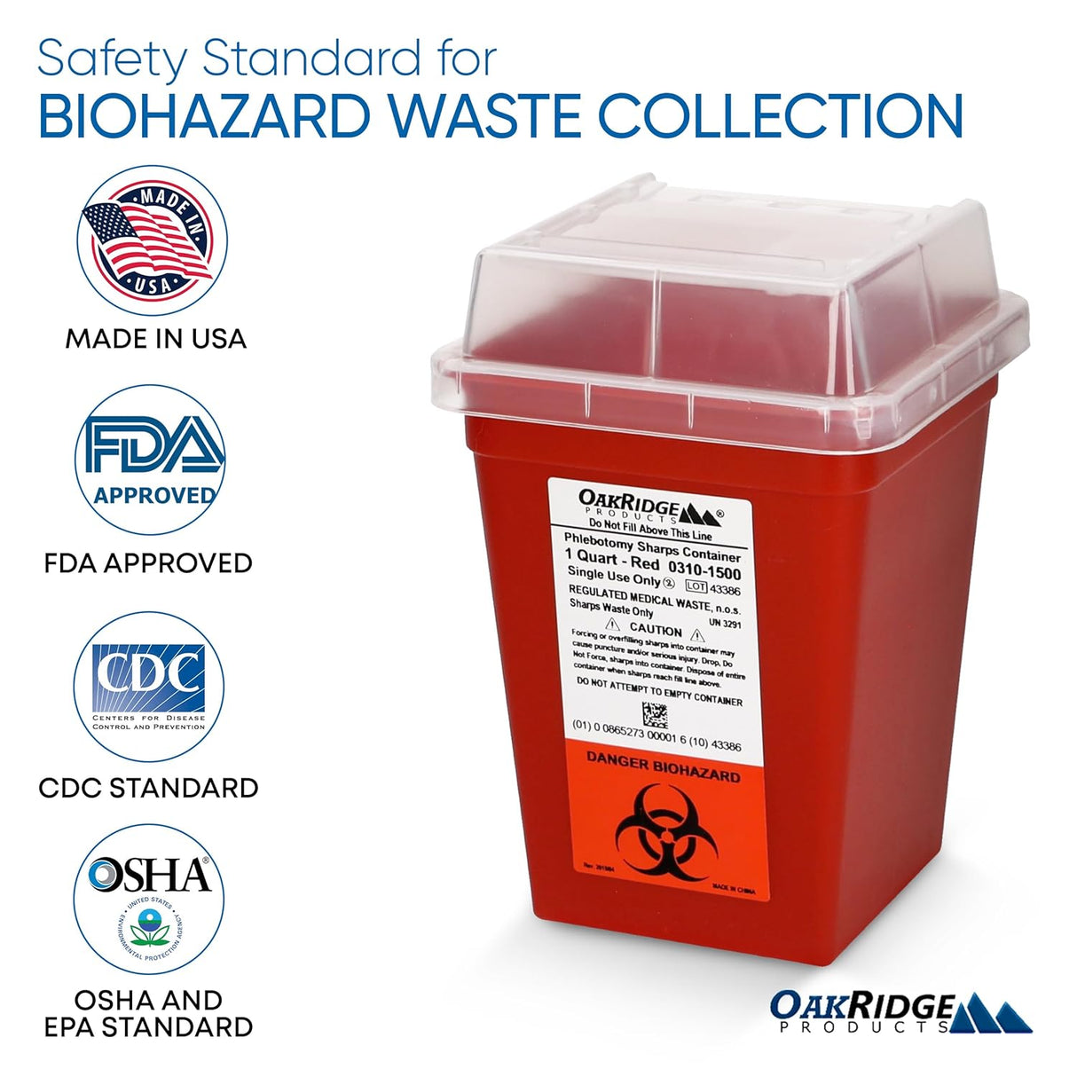 Oakridge Products Sharps Container 1 Quart Biohazard Needle Disposal