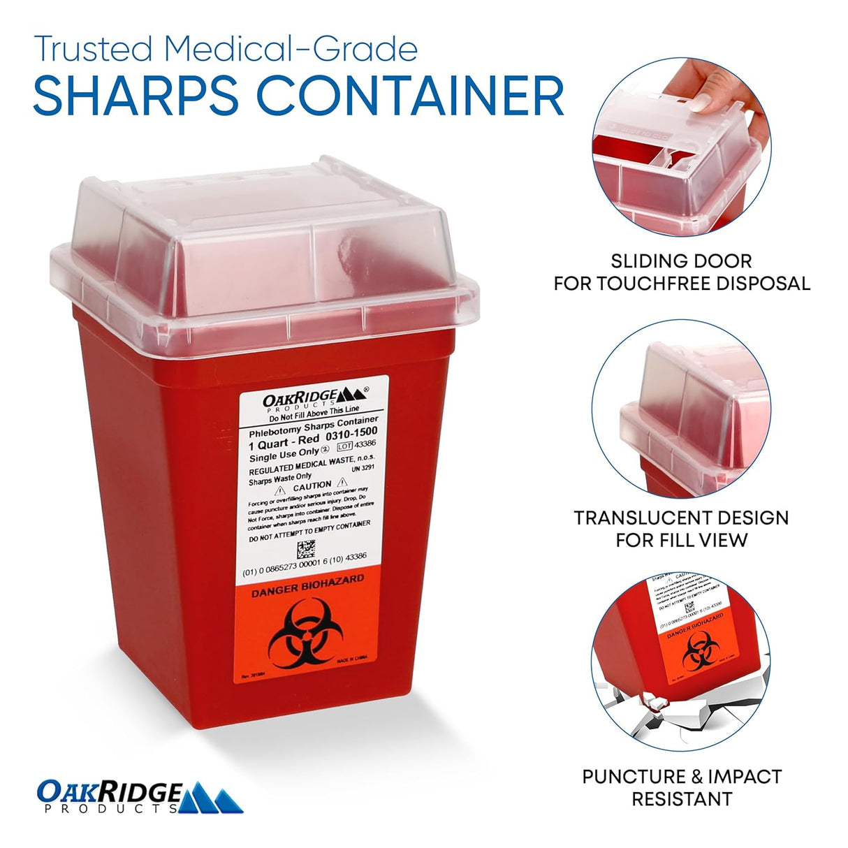 Oakridge Products Sharps Container 1 Quart Biohazard Needle Disposal