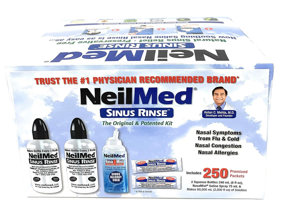 NeilMed Sinus Rinse 2-Bottle Kit + Bonus Saline Spray (250 Packets)
