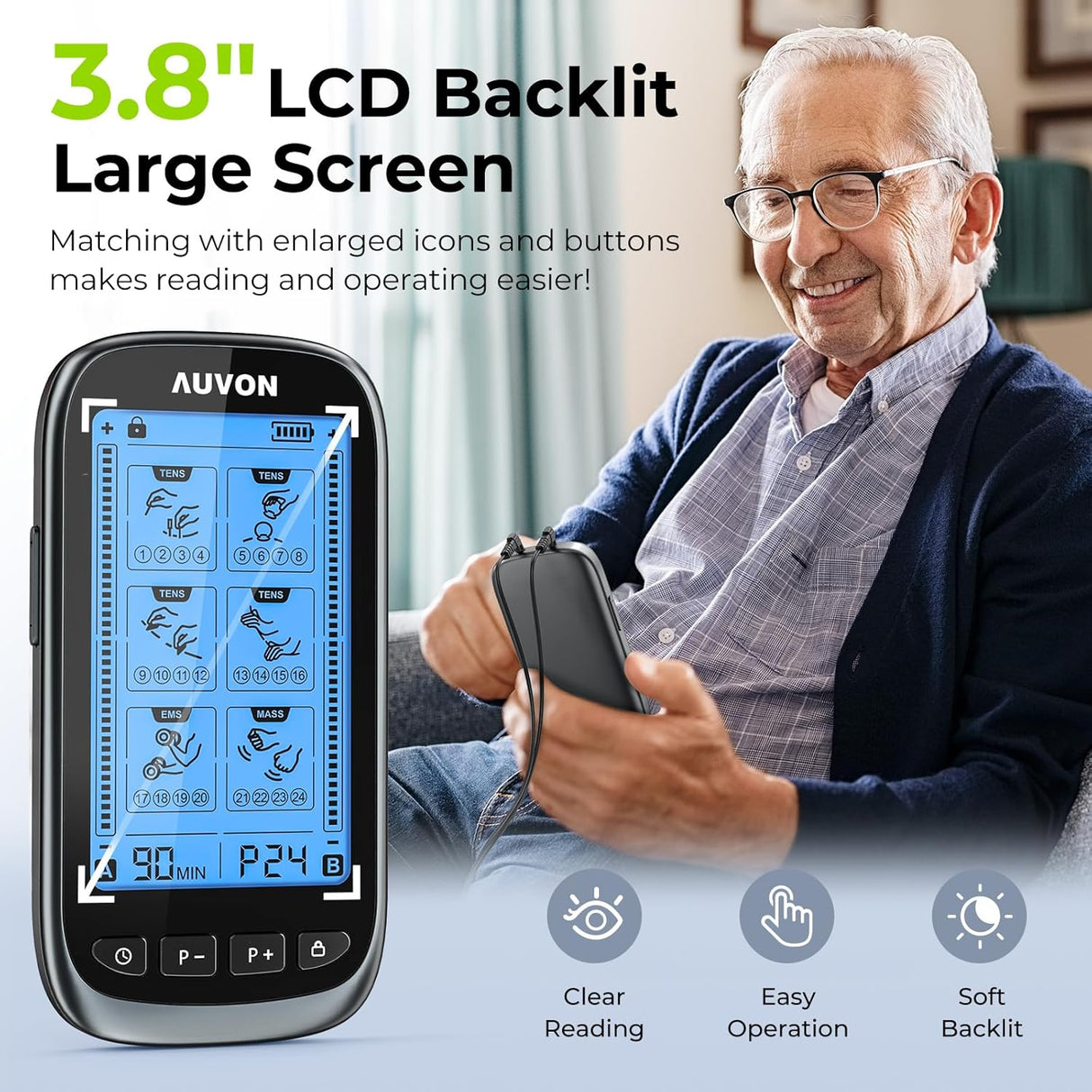 AUVON 3-in-1 TENS Unit Muscle Stimulator with Protective Case