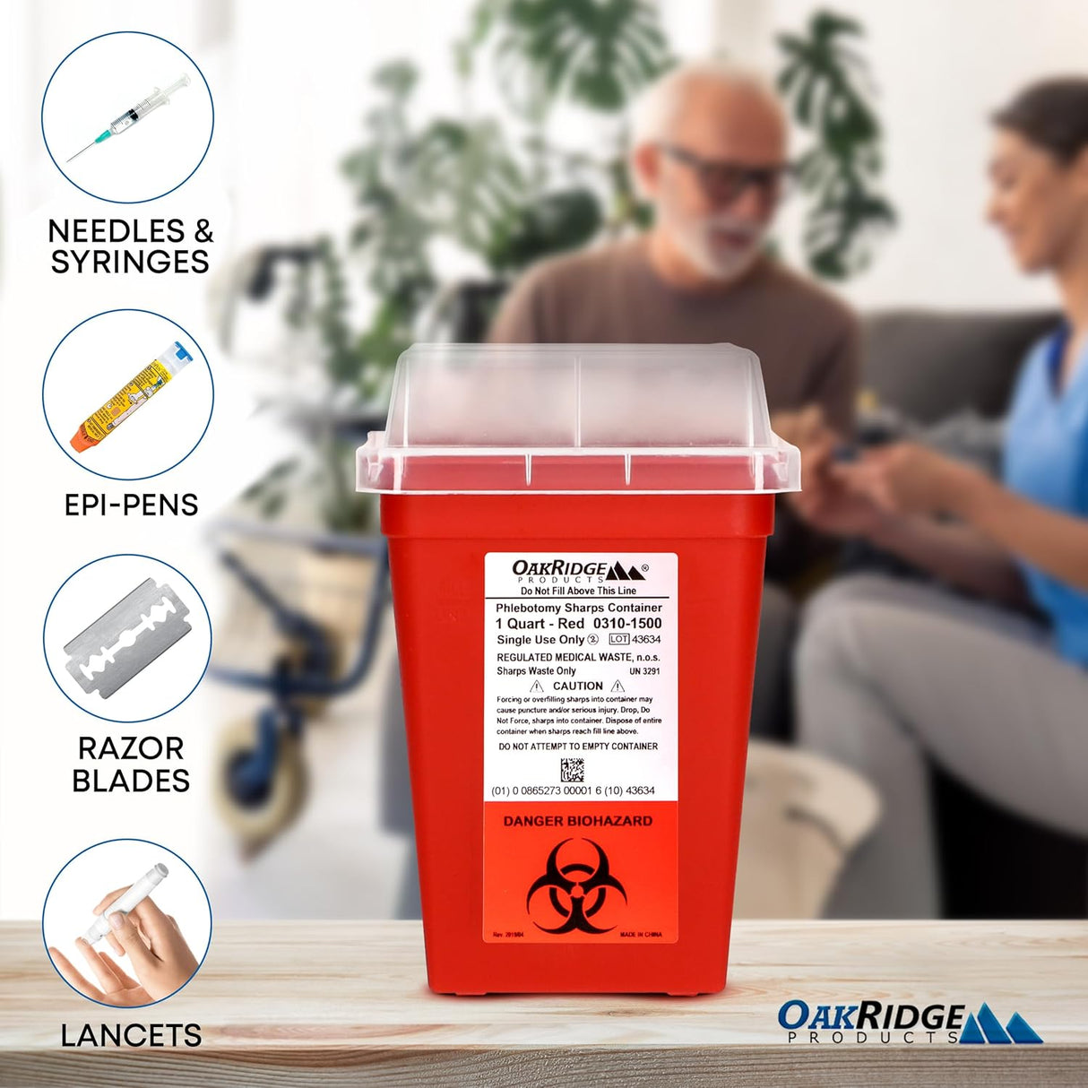 Oakridge Products Sharps Container 1 Quart Biohazard Needle Disposal