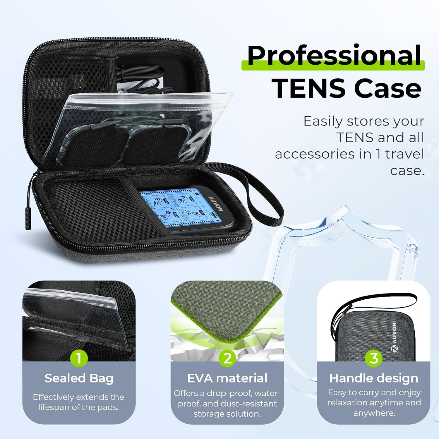 AUVON 3-in-1 TENS Unit Muscle Stimulator with Protective Case