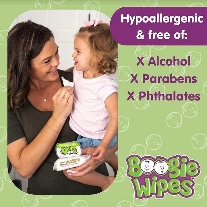 Boogie Saline Nose Wipes for Baby & Kids – Unscented, Aloe-Infused