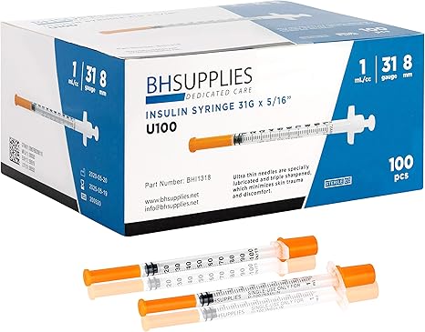 BH Supplies Insulin Syringes U-100 31G 1ml/cc 8mm (100 Count)