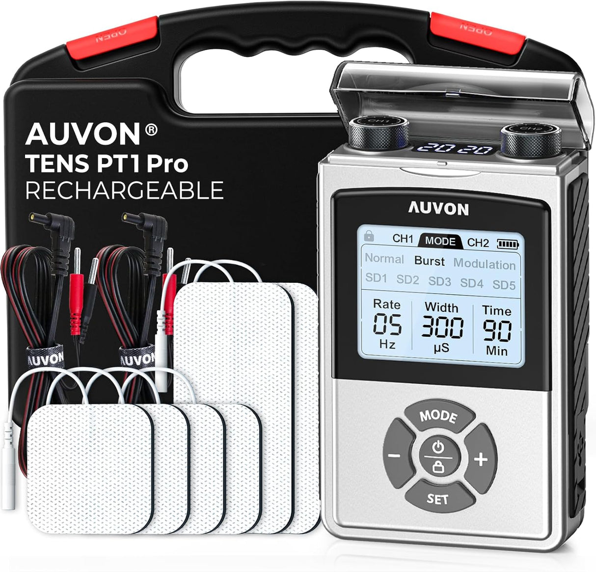 AUVON Rechargeable Digital TENS Unit Muscle Stimulator – PT1 Pro