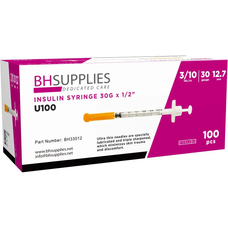 BH Supplies U-100 Insulin Syringes 30G 0.3cc 1/2" (12.7mm) – 100 Count