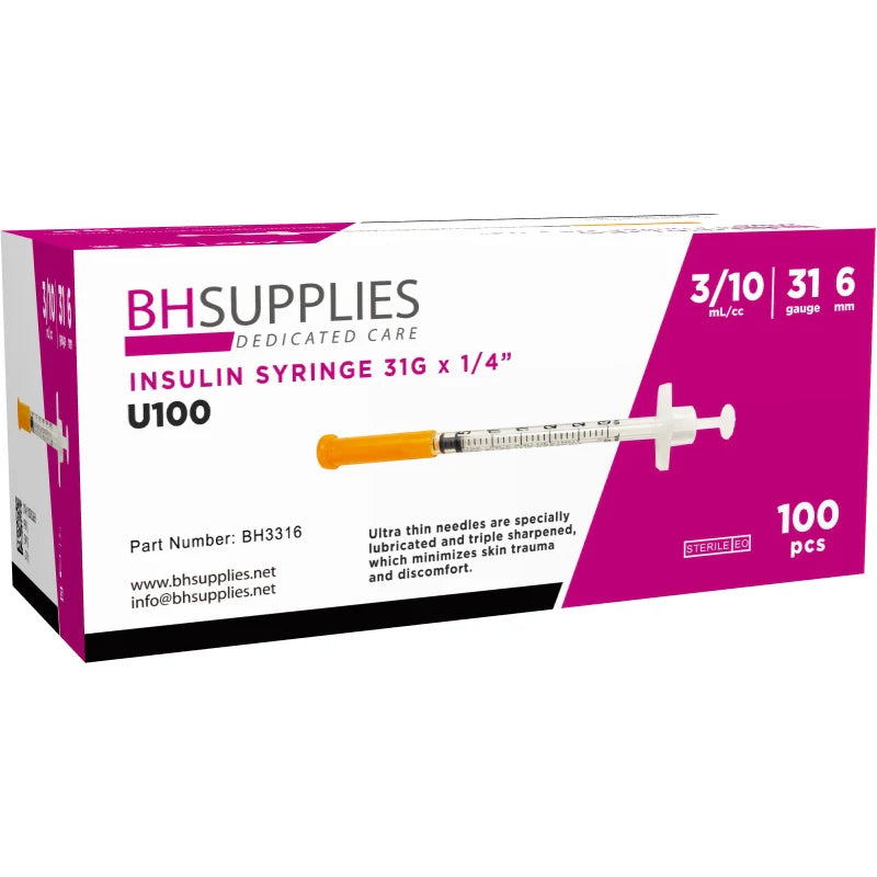BH Supplies U-100 Insulin Syringes 31G 0.3cc 1/4" (6mm) – 100 Count