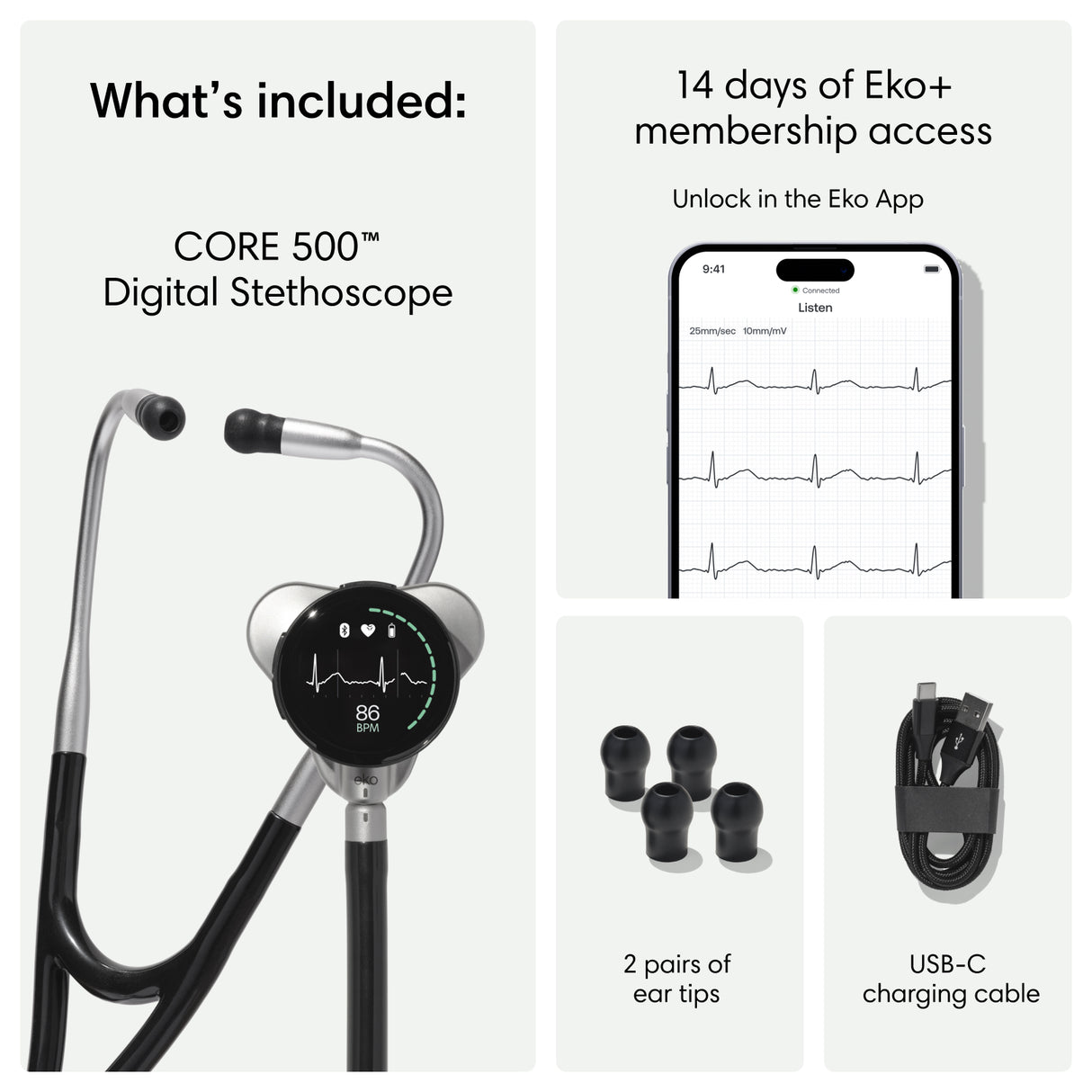 Eko CORE 500™ Digital Stethoscope – Silver w/ Case