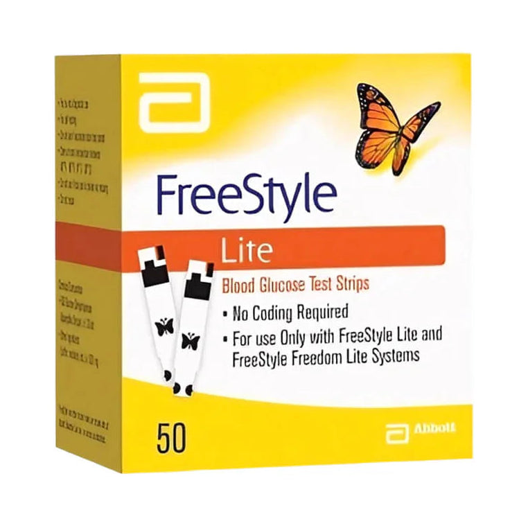 Box of Freestyle Lite Blood Glucose Test Strips containing 50 test strips for use with a blood glucose meter, with a yellow and white color scheme and a butterfly graphic.