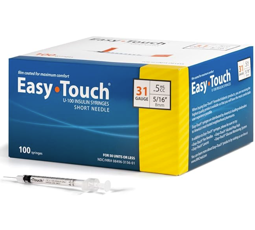 EasyTouch U-100 Insulin Syringes 31G 5/16" (8 mm) 0.5mL – 100 Count