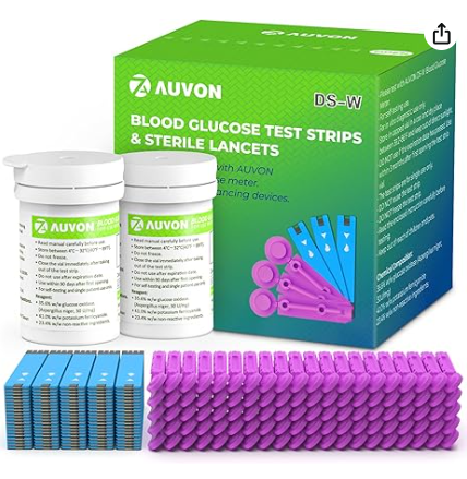 Auvon Glucose Test Strips & Lancets Kit (100 Strips & 100 Lancets)