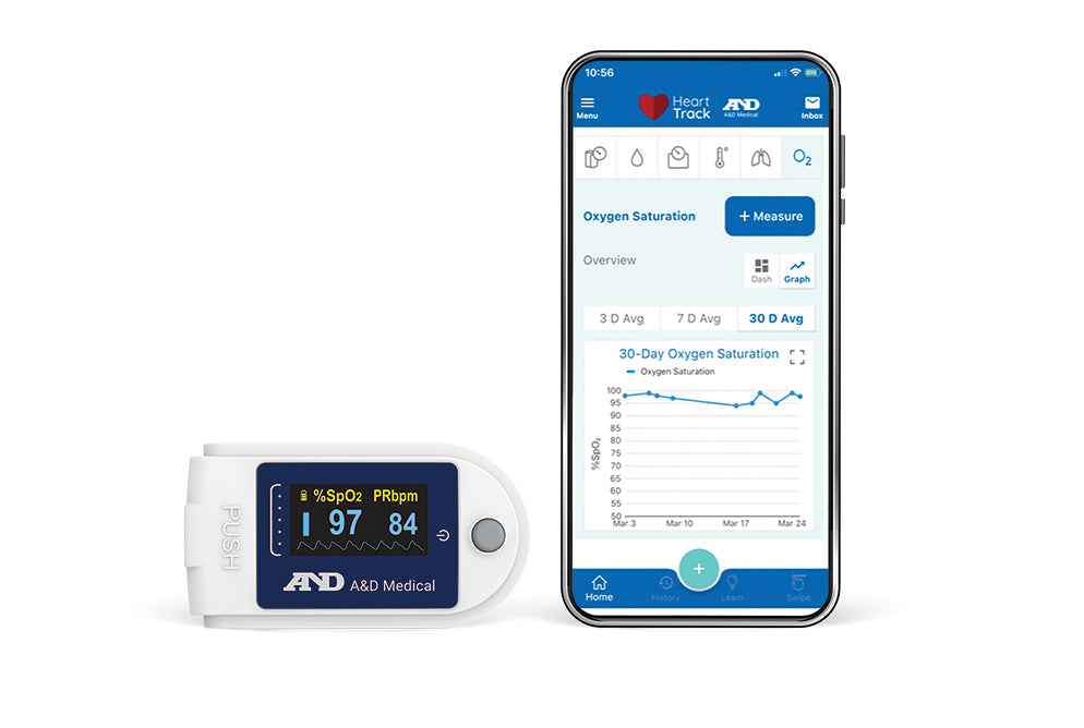 A&D Bluetooth Pulse Oximeter UP-200BLE-TM | SpO2 & Heart Rate Monitor