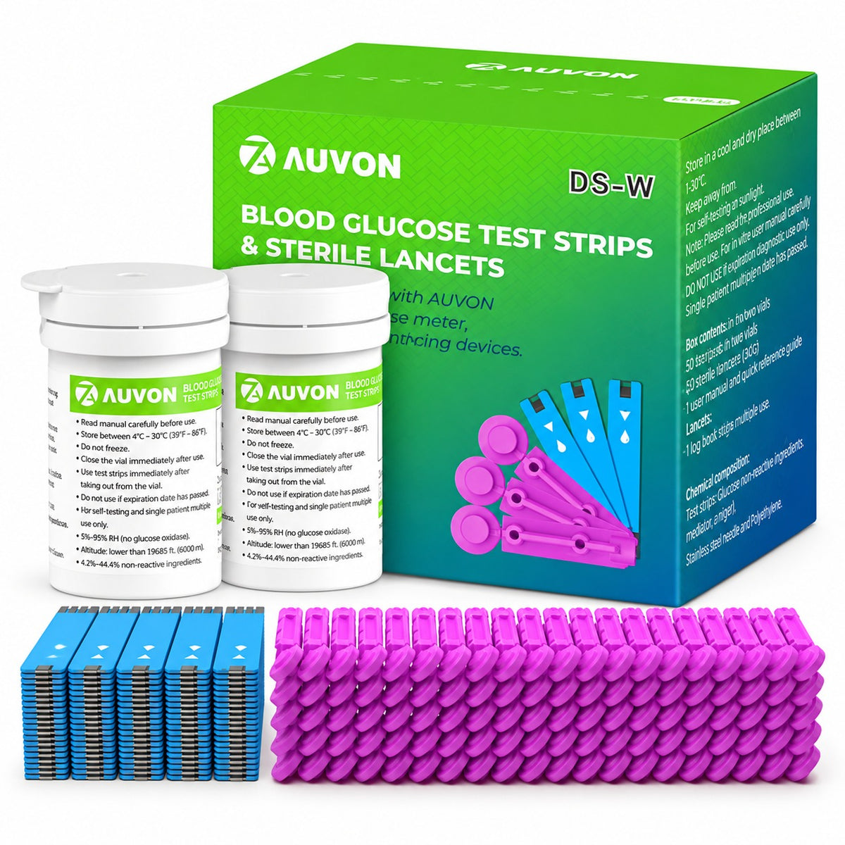 Auvon Glucose Test Strips & Lancets Kit – 100 Strips + 100 Lancets
