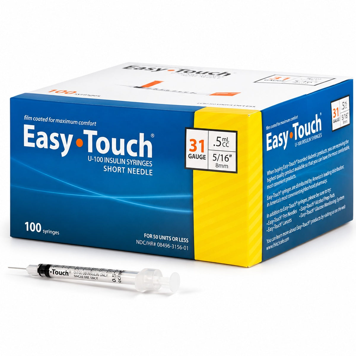 EasyTouch U-100 Insulin Syringes 31G 5/16" (8 mm) 0.5mL – 100 Count