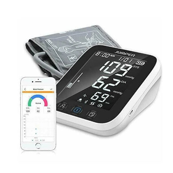 Blood pressure monitor with smartphone app on a white background
