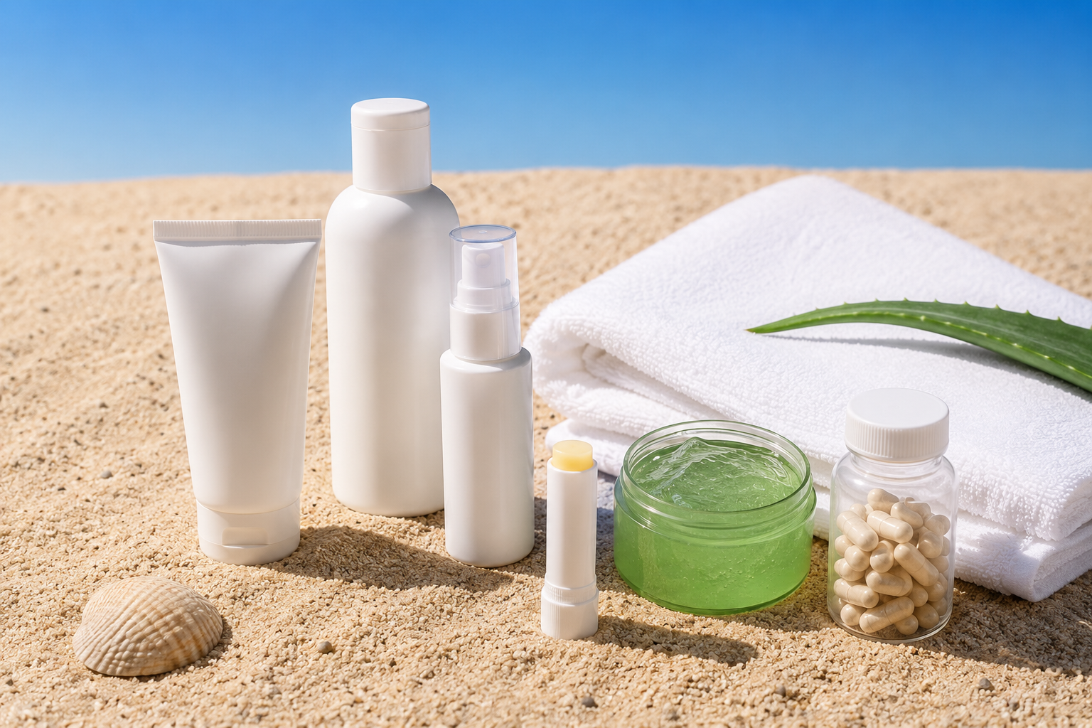 UV Safety Awareness Month: dermatologist-grade sun care essentials on warm sand