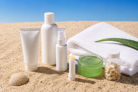 UV Safety Awareness Month: dermatologist-grade sun care essentials on warm sand