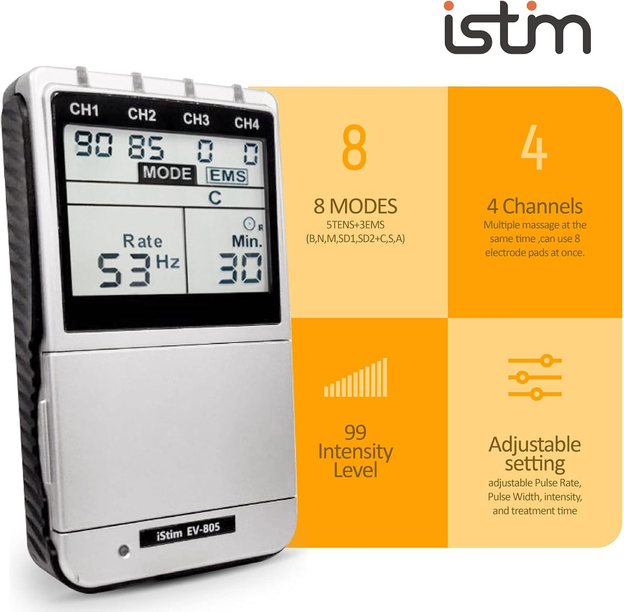 iSTIM EV-805 TENS EMS 4-Channel Rechargeable Combo Unit