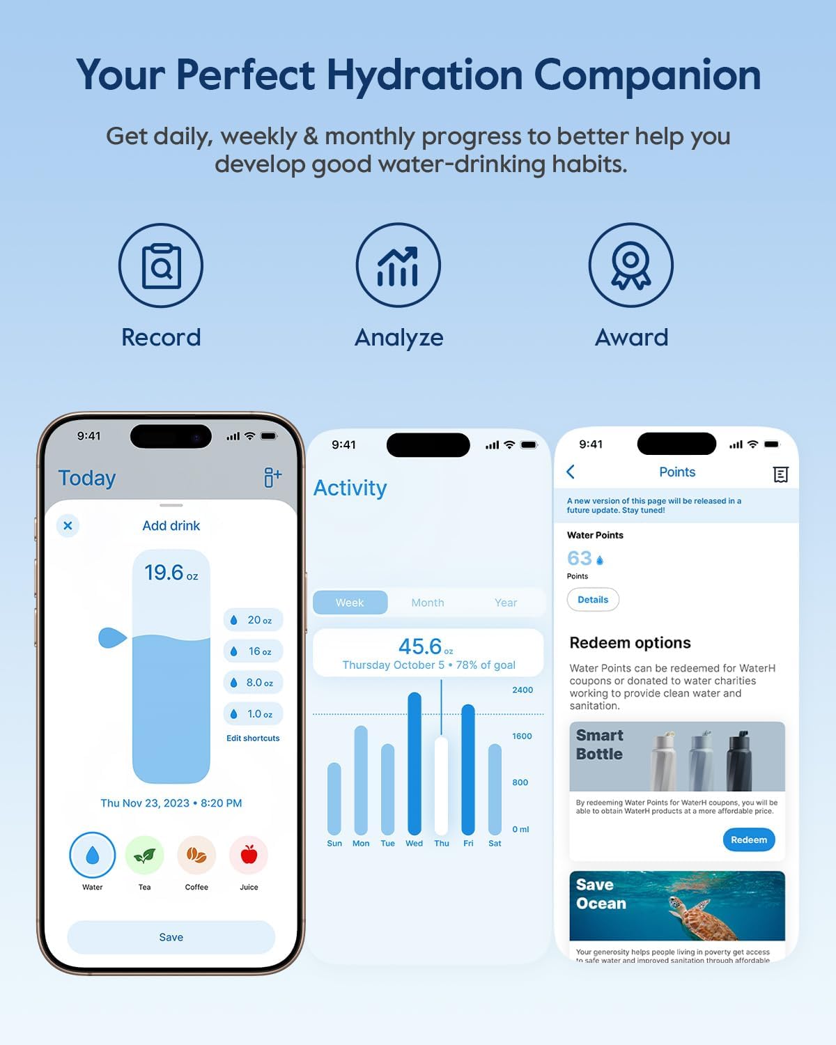 WATERH BOOST Smart Water Bottle Stainless Steel Hydration Tracker 32oz [Bluetooth]