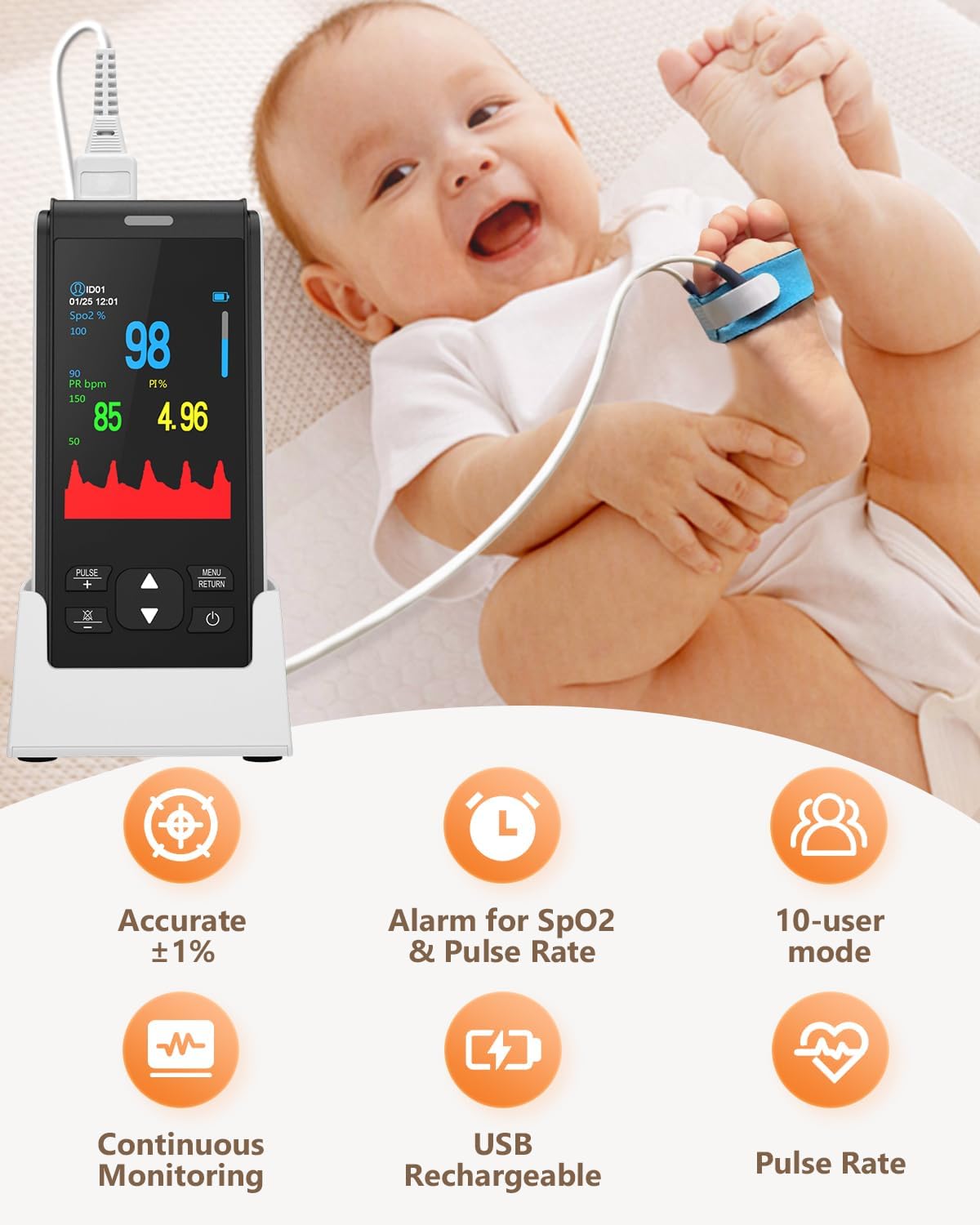 HealthTree Infant Handheld Pulse Oximeter - Rechargeable, Continuous Tracking