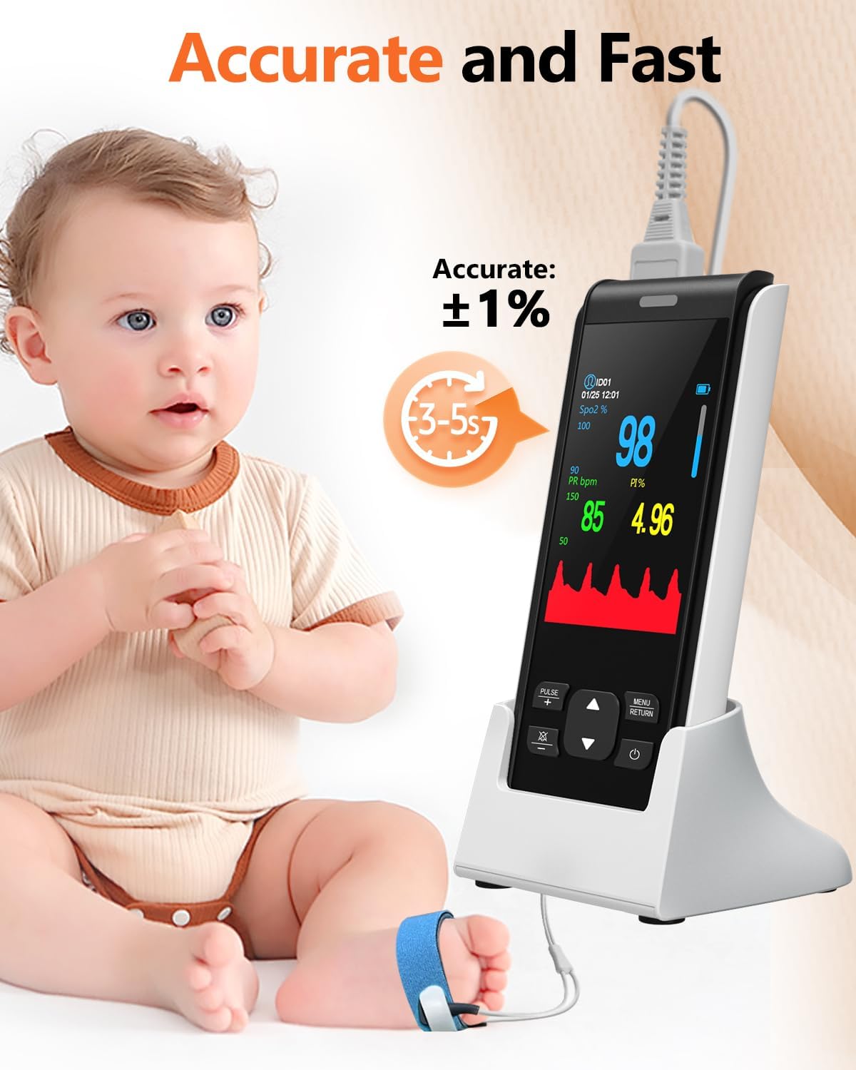 HealthTree Infant Handheld Pulse Oximeter - Rechargeable, Continuous Tracking