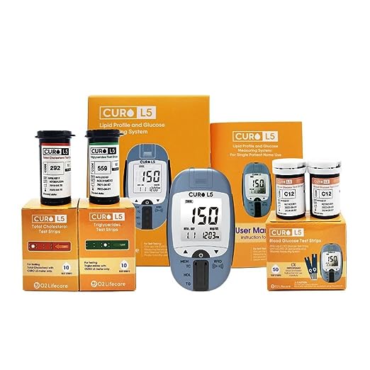 CURO - All in One CURO Home Blood Cholesterol Test Kit (L5 Device + 10 Total Cholesterol Strips + 10 Triglycerides Strips + 50 Glucose Strips Included)