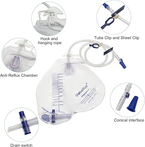 GlobalRoll Urinary Drainage Bag with Anti-Reflux Chamber (2000 mL, 48" Tube)