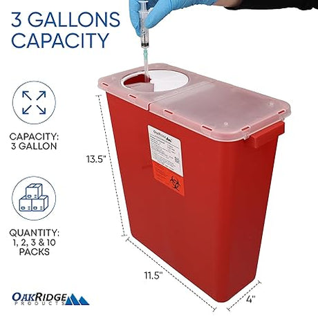 Oakridge Products Large Sharps Container 3 Gallon Biohazard Disposal