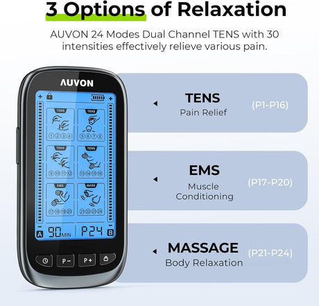 AUVON 3-in-1 TENS Unit Muscle Stimulator with Protective Case