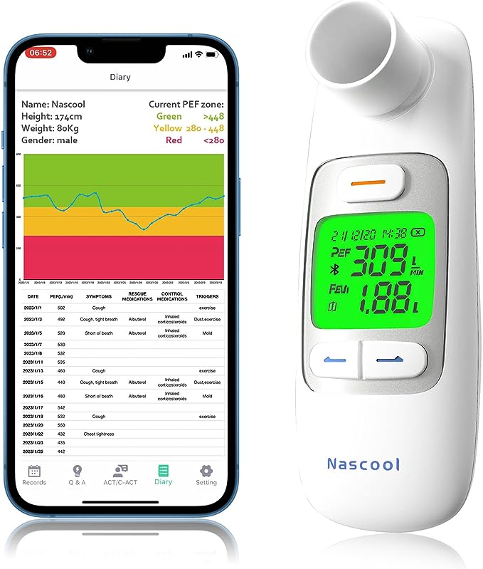 Nascool Upgraded Digital Peak Flow Meter for Asthma Adult, Kids w/Green LCD Display, Home Spirometer Testing Device with Bluetooth APP for Smart Asthma Monitoring