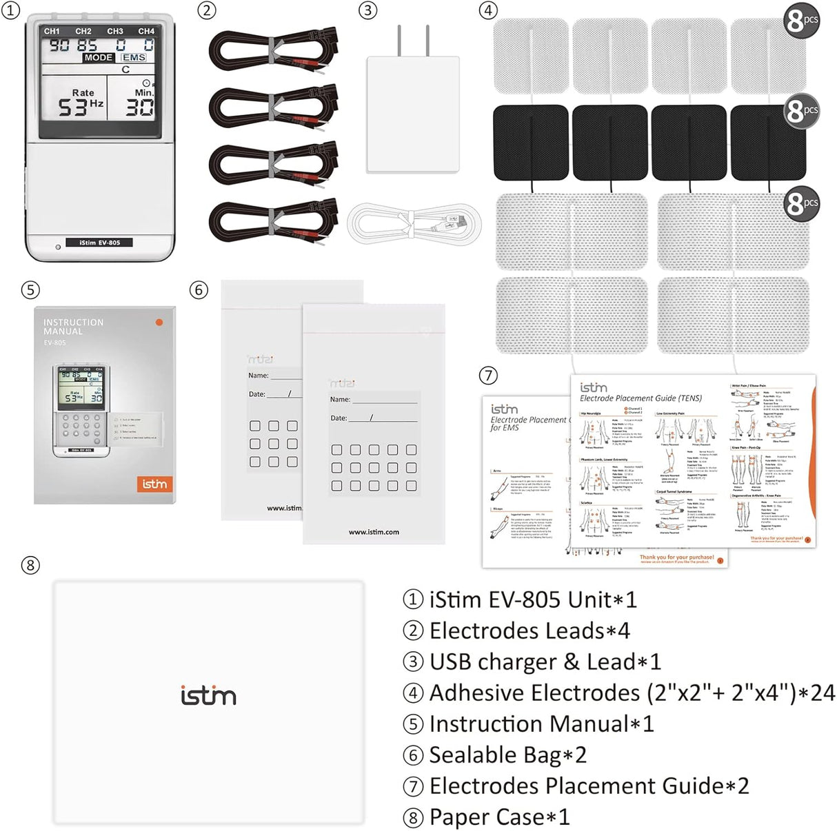 iSTIM EV-805 TENS EMS 4-Channel Rechargeable Combo Unit