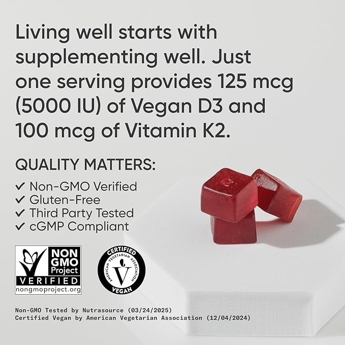 Sports Research Vegan Vitamin D3 + K2 Gummies – 5000 IU D3, MK-7 K2