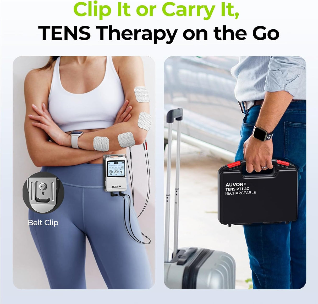 AUVON TENS Unit Muscle Stimulator - Rechargeable 4-Channel Pain Relief Device with 8 Modes & 16 Pads