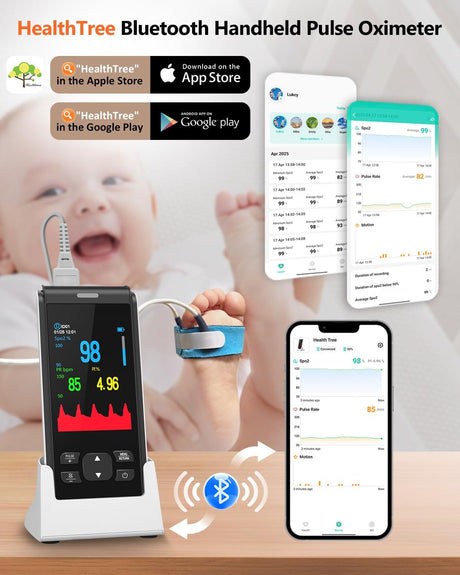 HealthTree Infant Handheld Pulse Oximeter - Rechargeable, Continuous Tracking