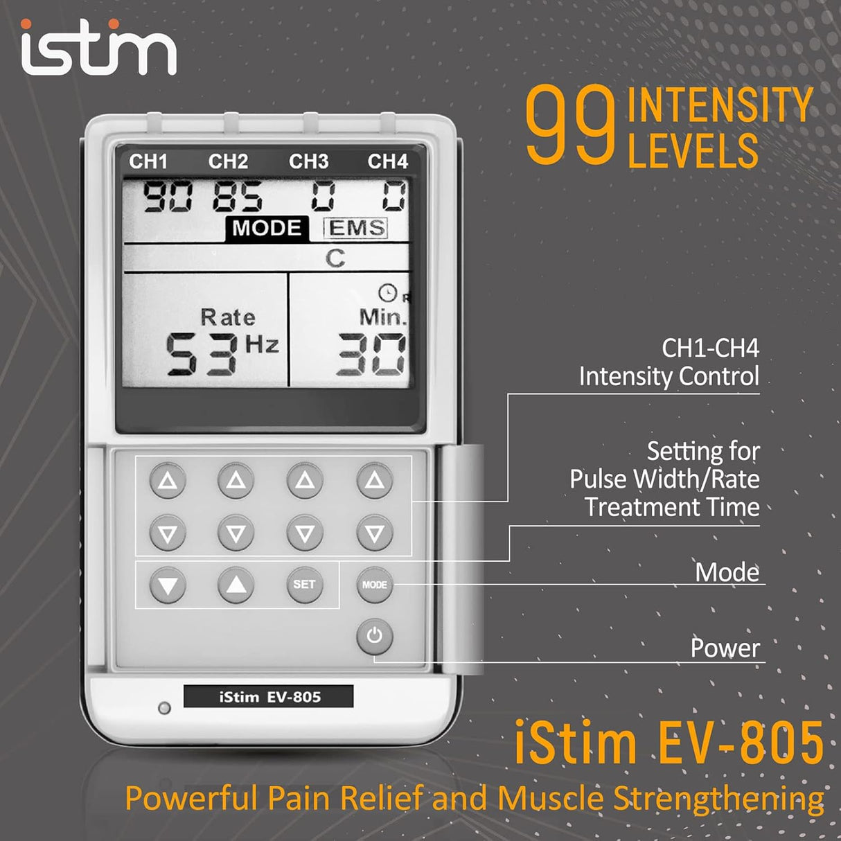 iSTIM EV-805 TENS EMS 4-Channel Rechargeable Combo Unit